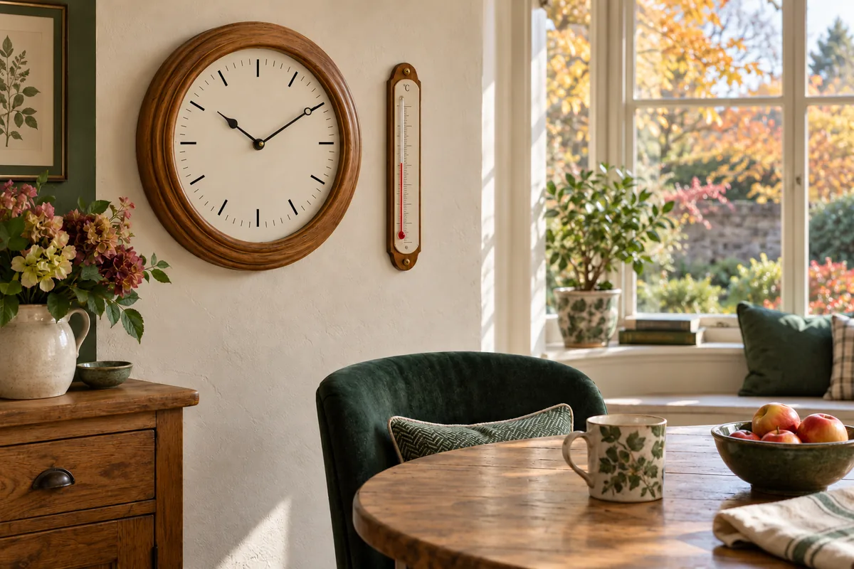 An analog wall clock and glass thermometer beside an autumn-lit window in a warm breakfast nook