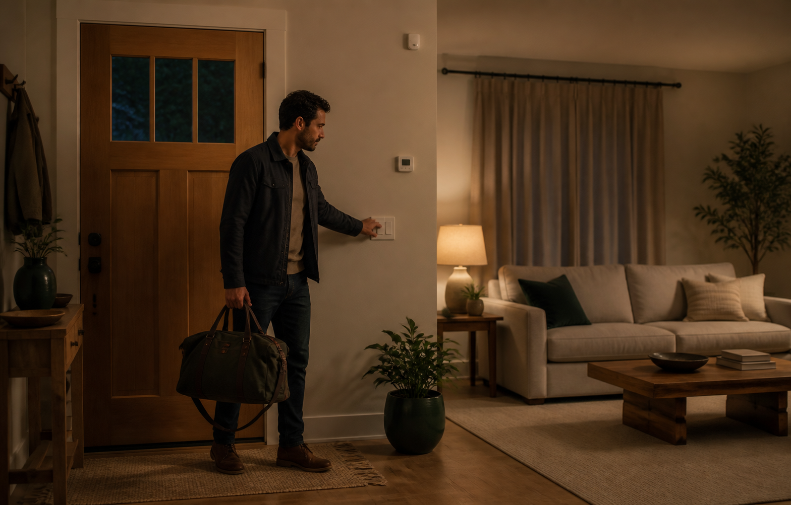 A homeowner with an overnight bag using an ordinary wall control in a warm entryway beside a quiet living room