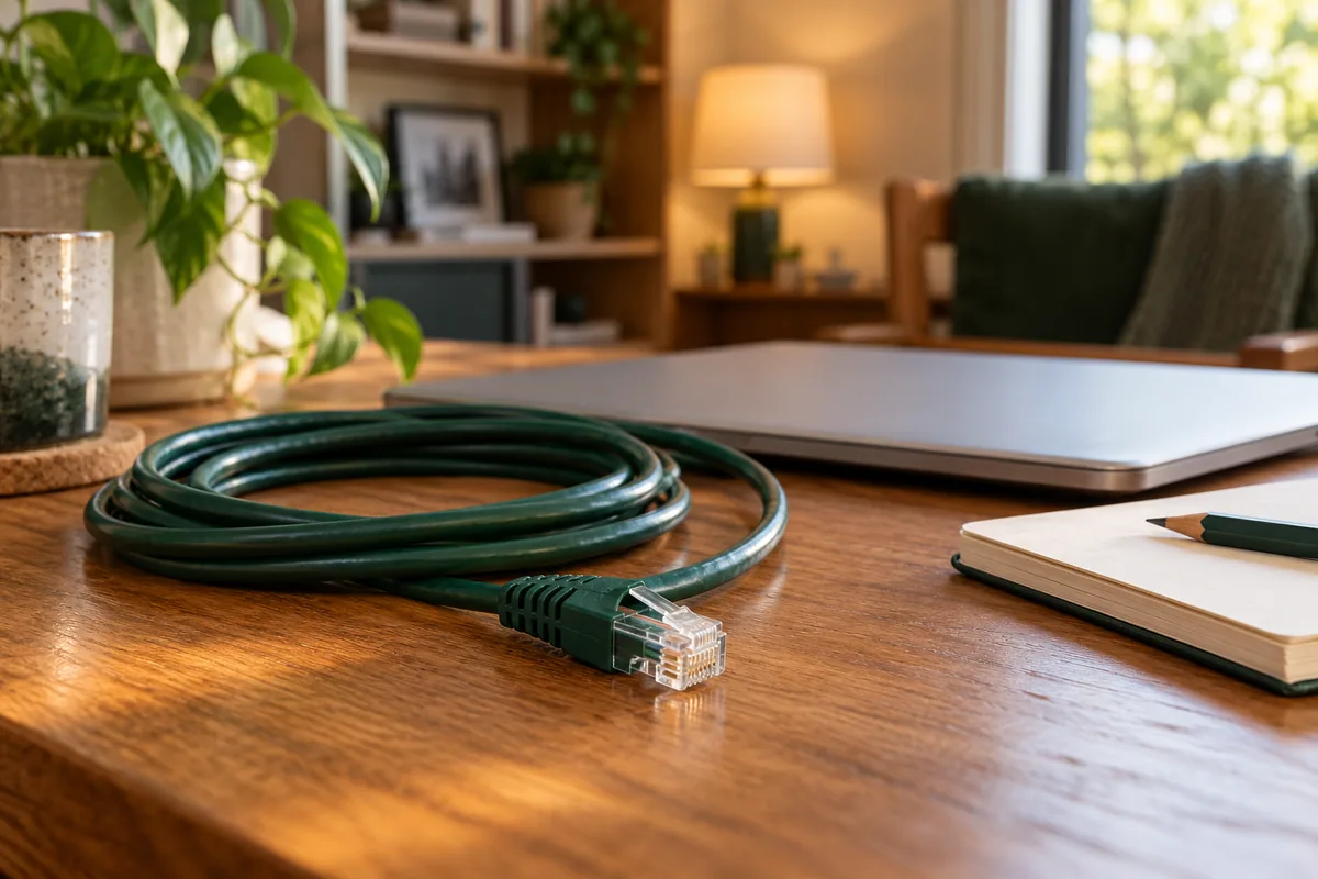 A green Ethernet cable beside a closed laptop and notebook in a warm home office