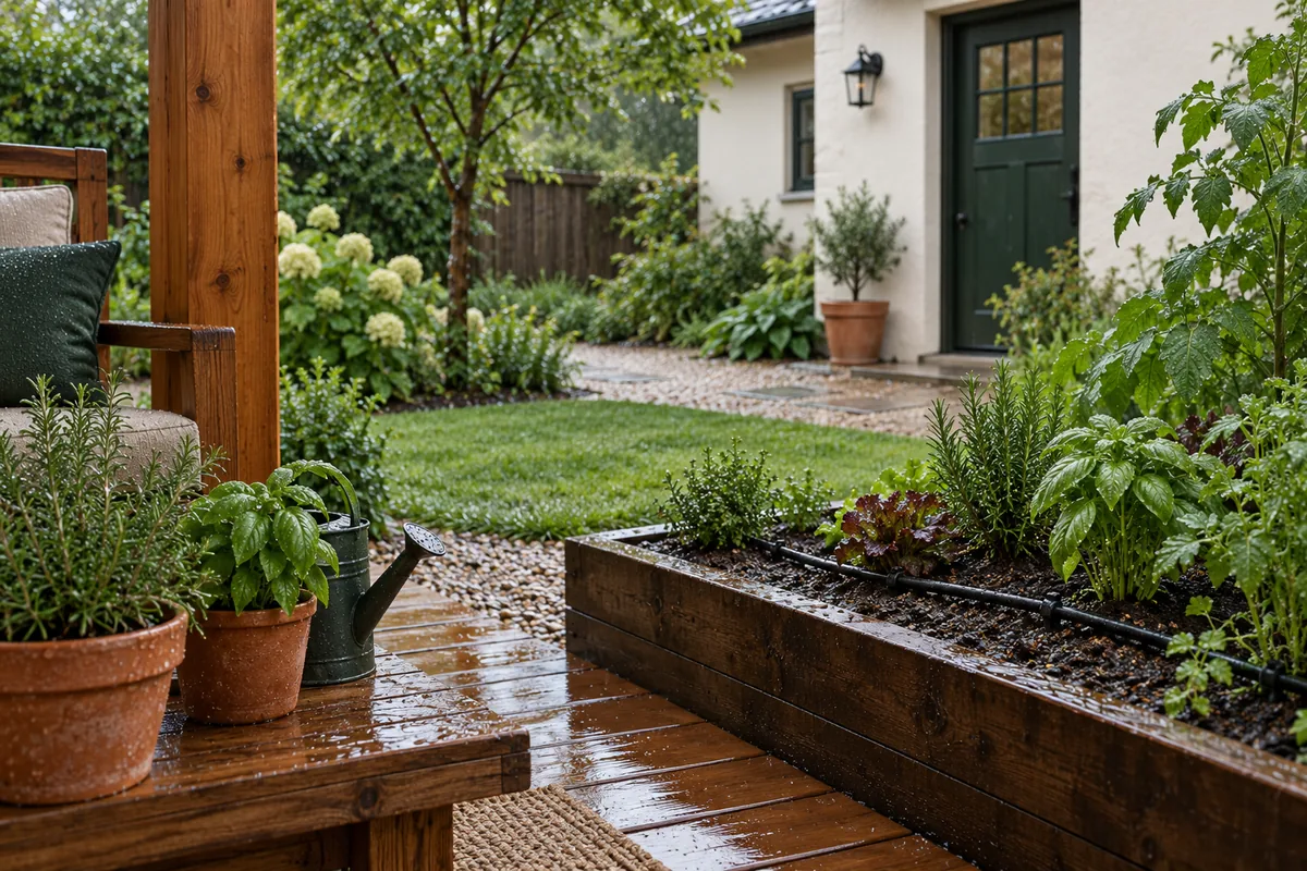 Rain-wet cedar patio and herb garden with damp soil, inactive drip tubing, terracotta pots and a dark-green door