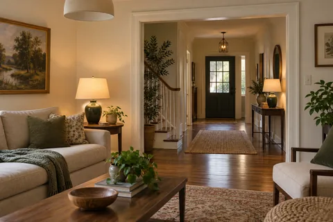 Two matching green table lamps illuminate a living room and adjoining hall, with the living-room ceiling light off