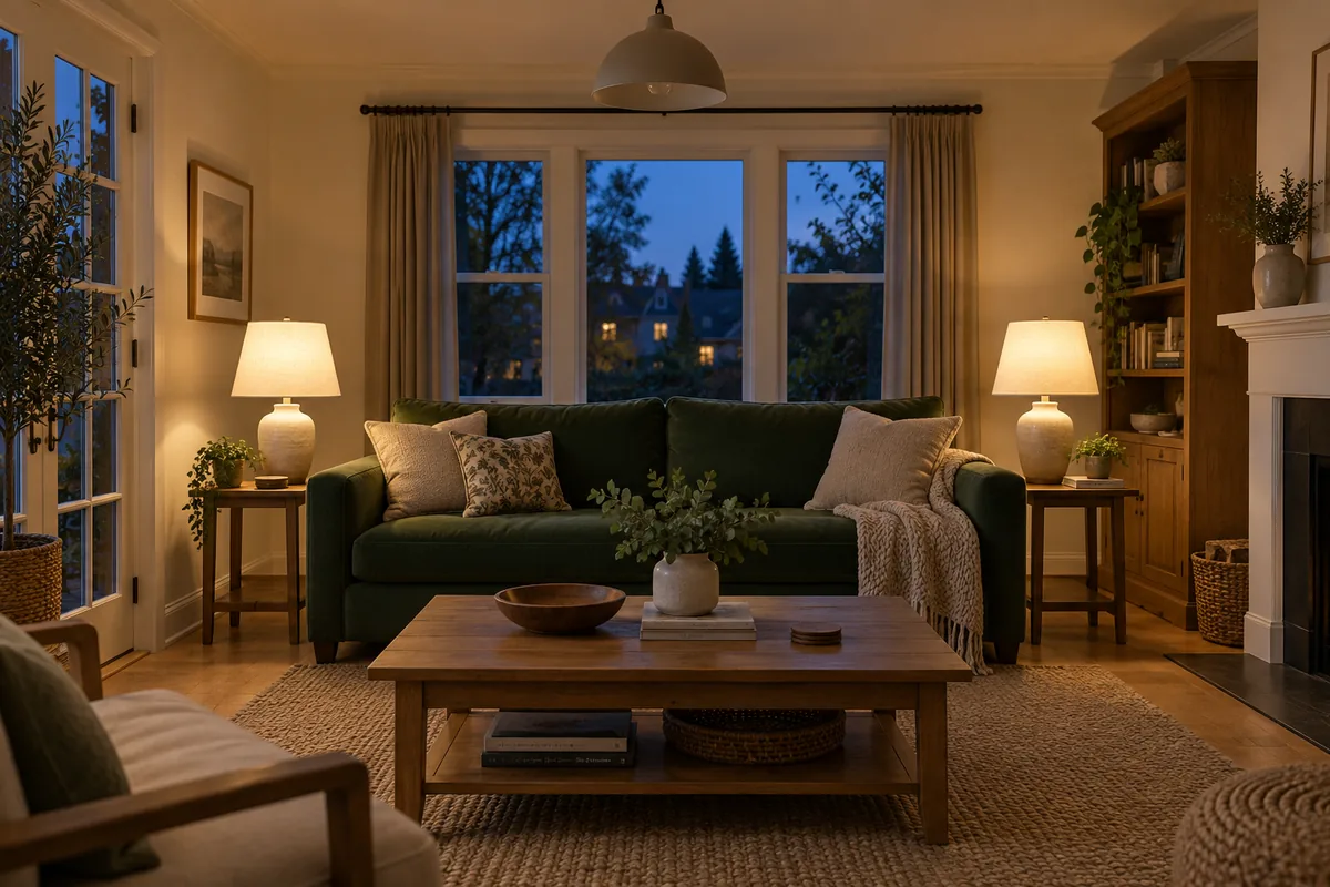 Two reading lamps lit beside a green sofa while the living room ceiling pendant stays off