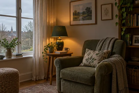 Warm green-shaded lamp lighting a reading chair beside a window with soft cloudy daylight