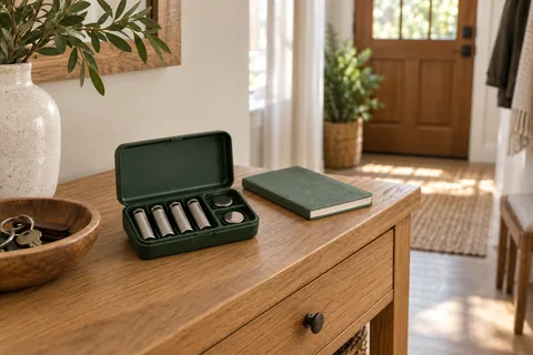 Batteries stored separately in a dark-green organizer on an oak console in a sunlit home