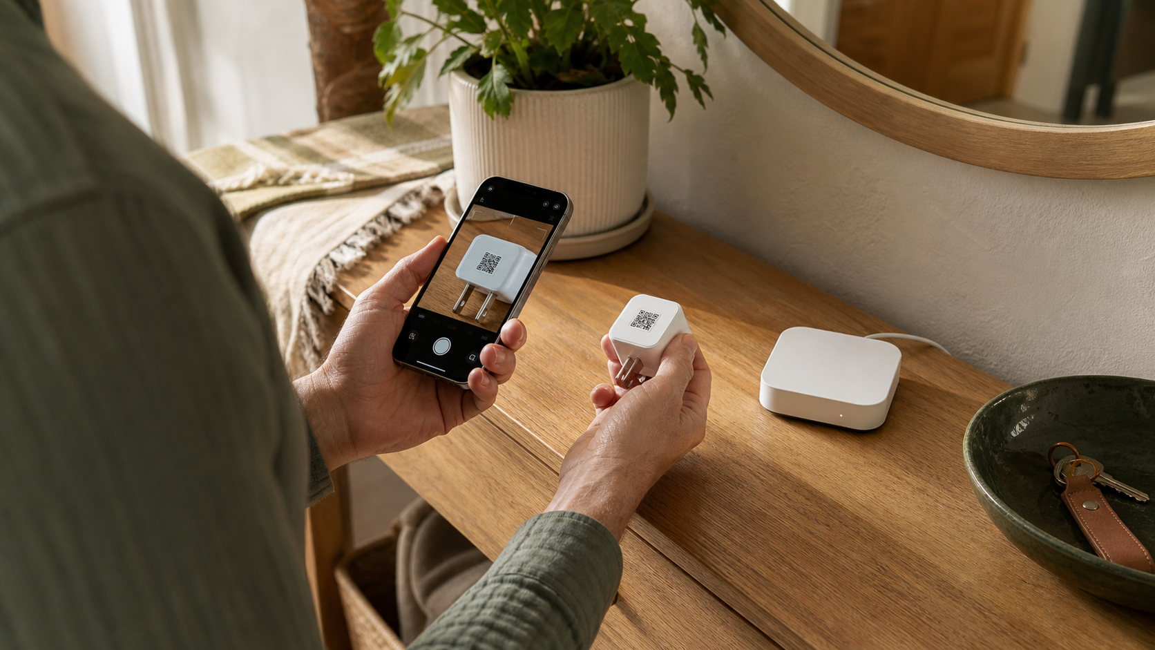 Homeowner photographing a Matter smart plug setup code before re-adding the device