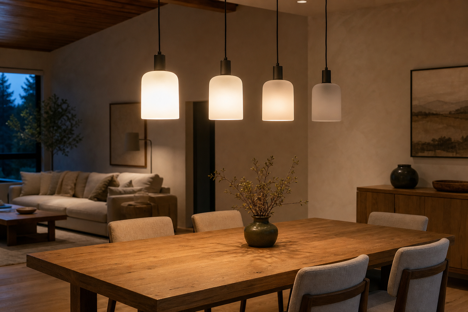Four matching pendant lights in a warm dining room caught at different brightness levels during a staggered smart-light command