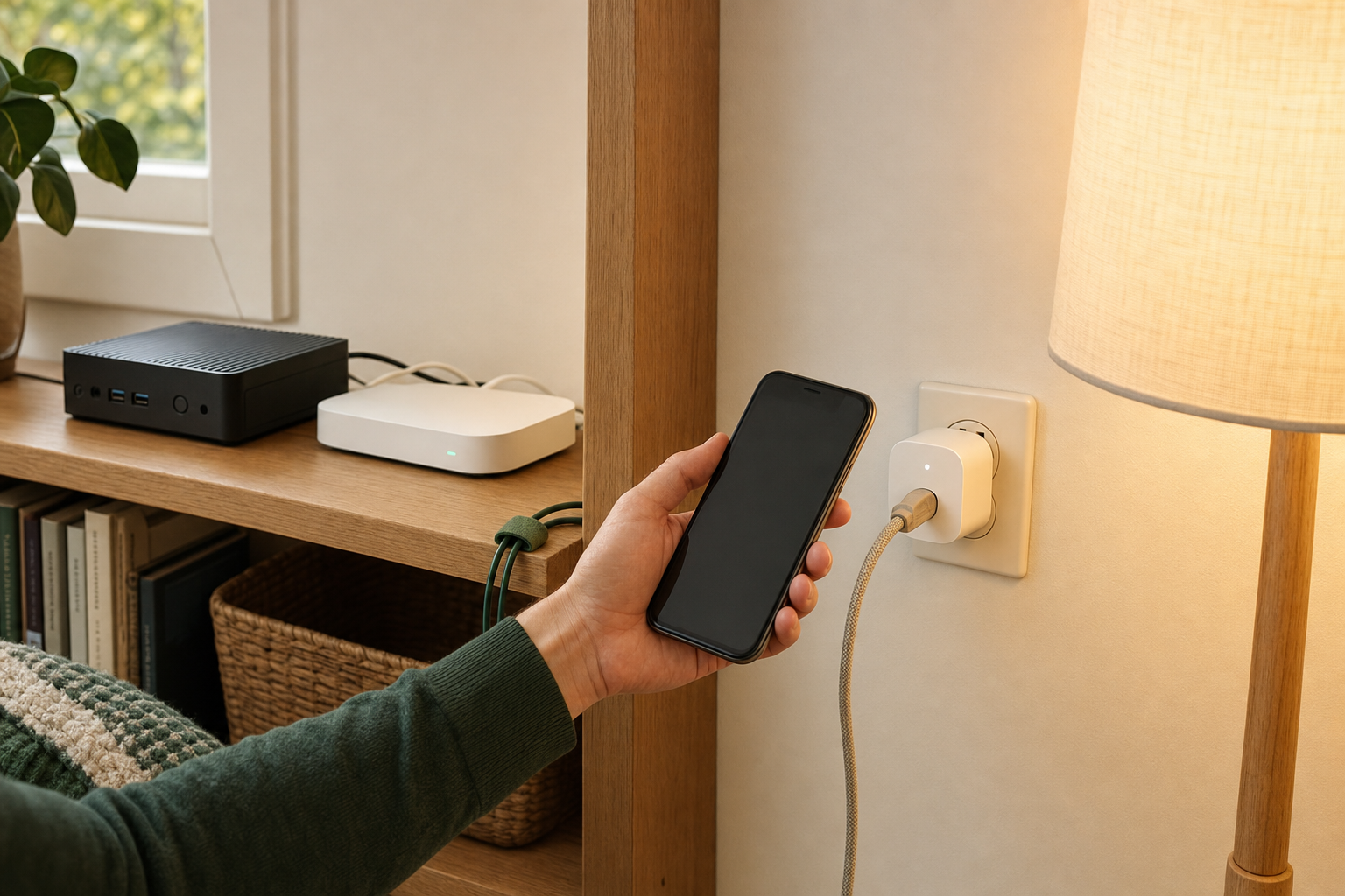 Homeowner retrying Matter setup near a smart plug, local home server, and separate smart-home hub