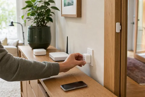 Homeowner plugging in a smart plug near a local smart-home hub while checking Matter coverage
