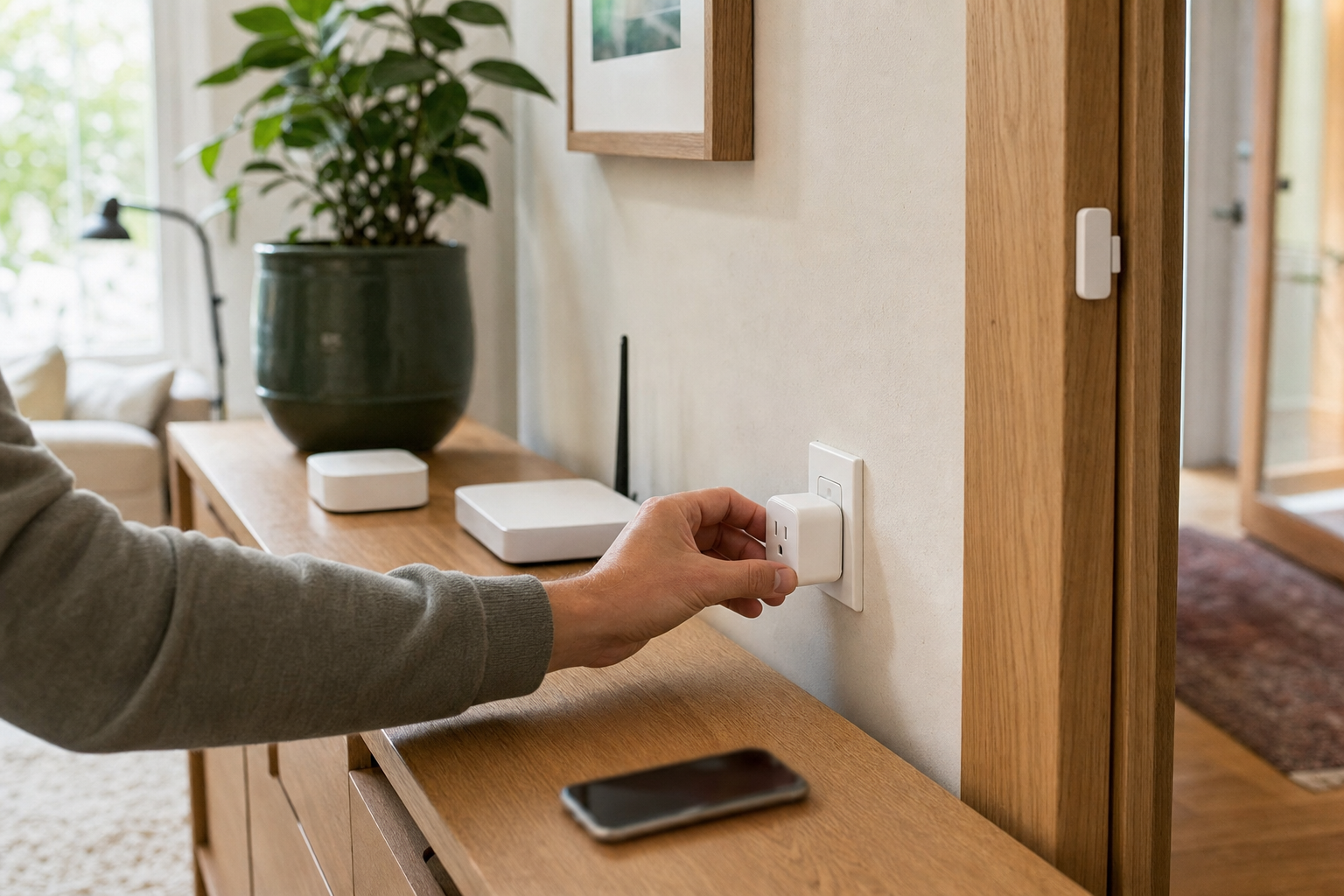Homeowner plugging in a smart plug near a local smart-home hub while checking Matter coverage