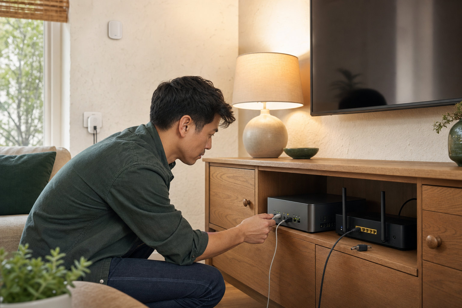 Homeowner checking a local smart-home computer and router after Matter-over-Thread devices went offline