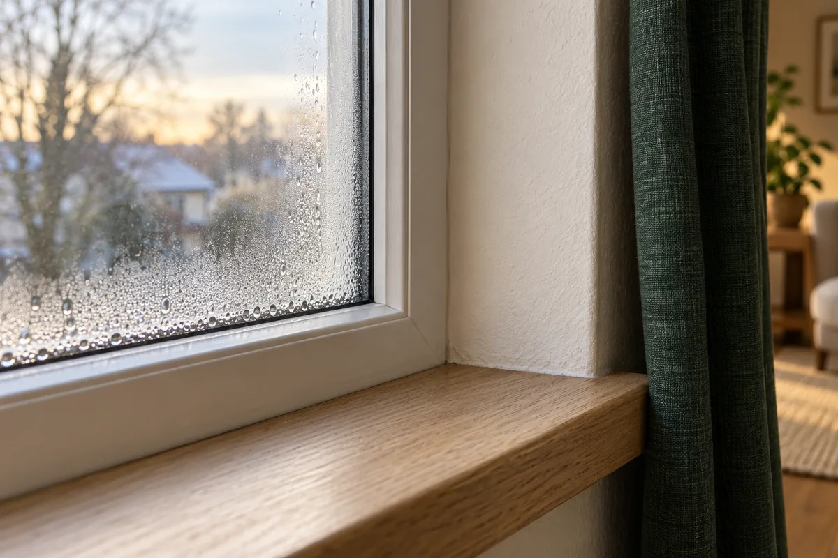 Condensation along a cold window above a pale oak sill, with a dark-green curtain pulled aside