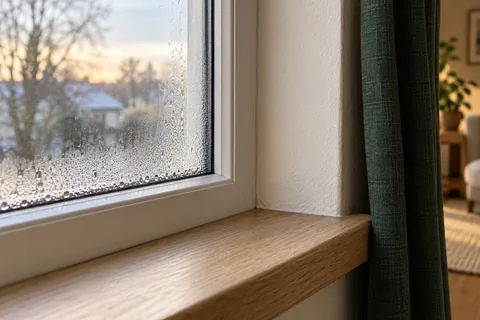 Condensation along a cold window above a pale oak sill, with a dark-green curtain pulled aside