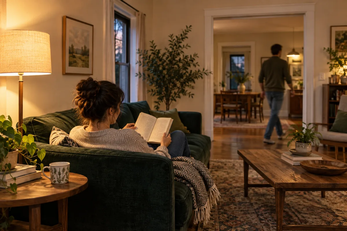 A seated reader under a glowing lamp while another person walks through the living-room doorway