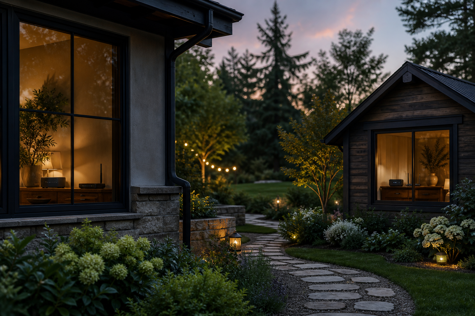 A main house and detached cottage at dusk, each with its own small local smart-home controller visible inside