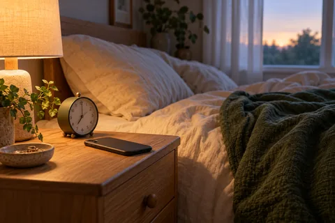 A face-down phone and alarm clock beside a glowing bedside lamp at dawn