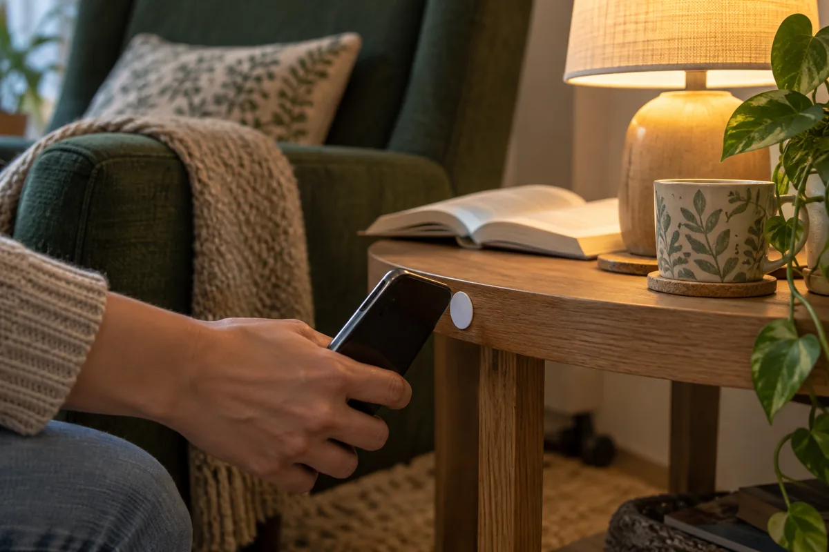 A phone held beside an NFC sticker on a wooden side table, with a glowing reading lamp and dark-green armchair