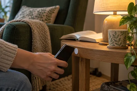 A phone held beside an NFC sticker on a wooden side table, with a glowing reading lamp and dark-green armchair
