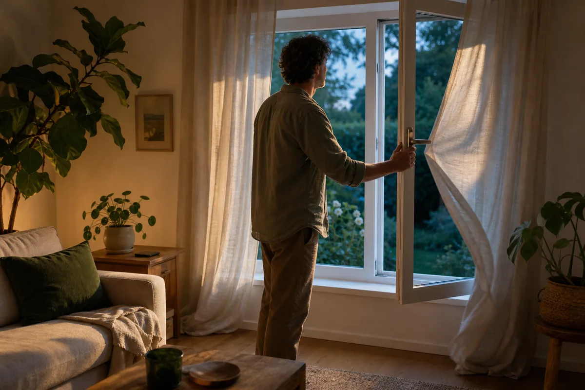 Homeowner opening a living-room window as cooler evening air reaches the warm room