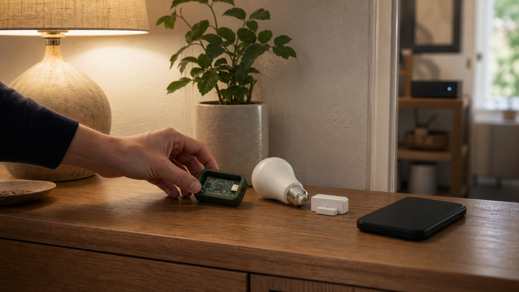 A homeowner placing a small Bluetooth proxy beside a smart bulb and door sensor while a phone rests unused
