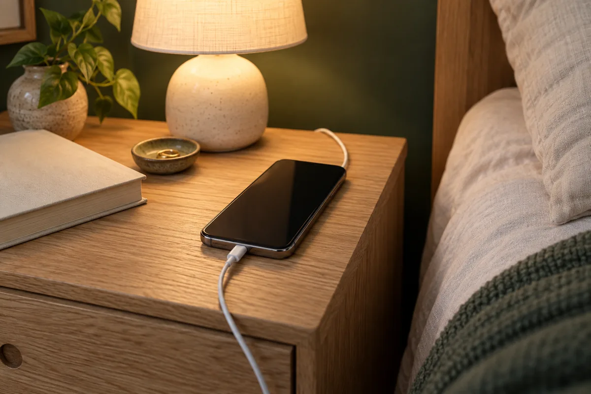 A phone connected to a charging cable on an oak bedside table beside a warm lamp