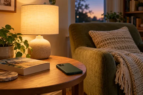 A face-down phone in a green case beside a book and a warm reading lamp
