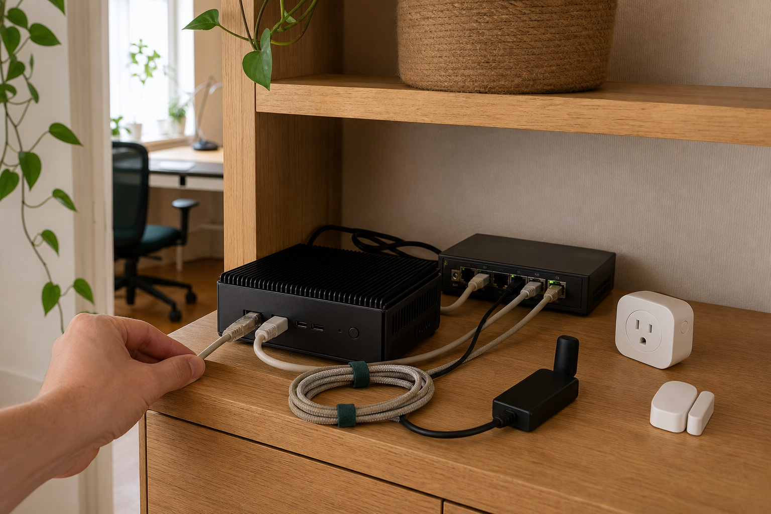 Compact home server, Ethernet switch, and a Thread USB radio on a warm oak utility shelf
