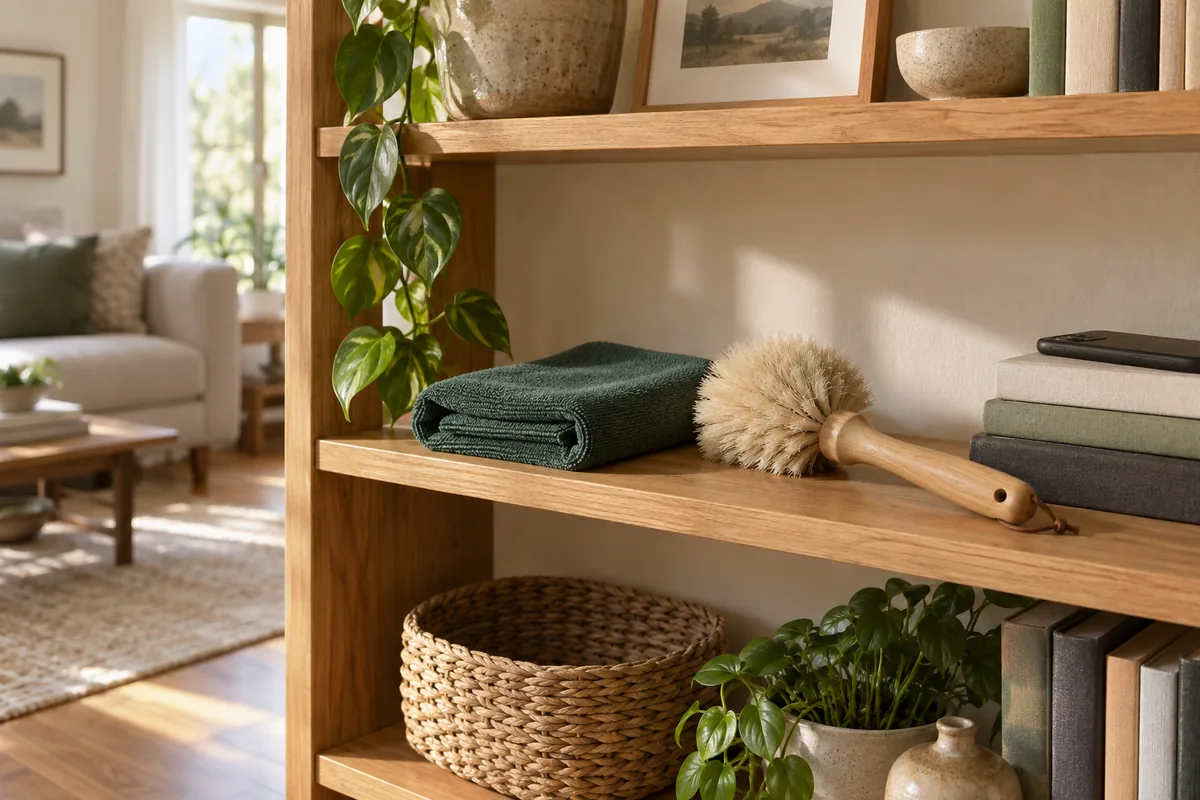 A green dusting cloth and wooden brush on an oak bookshelf, with a phone resting face down nearby