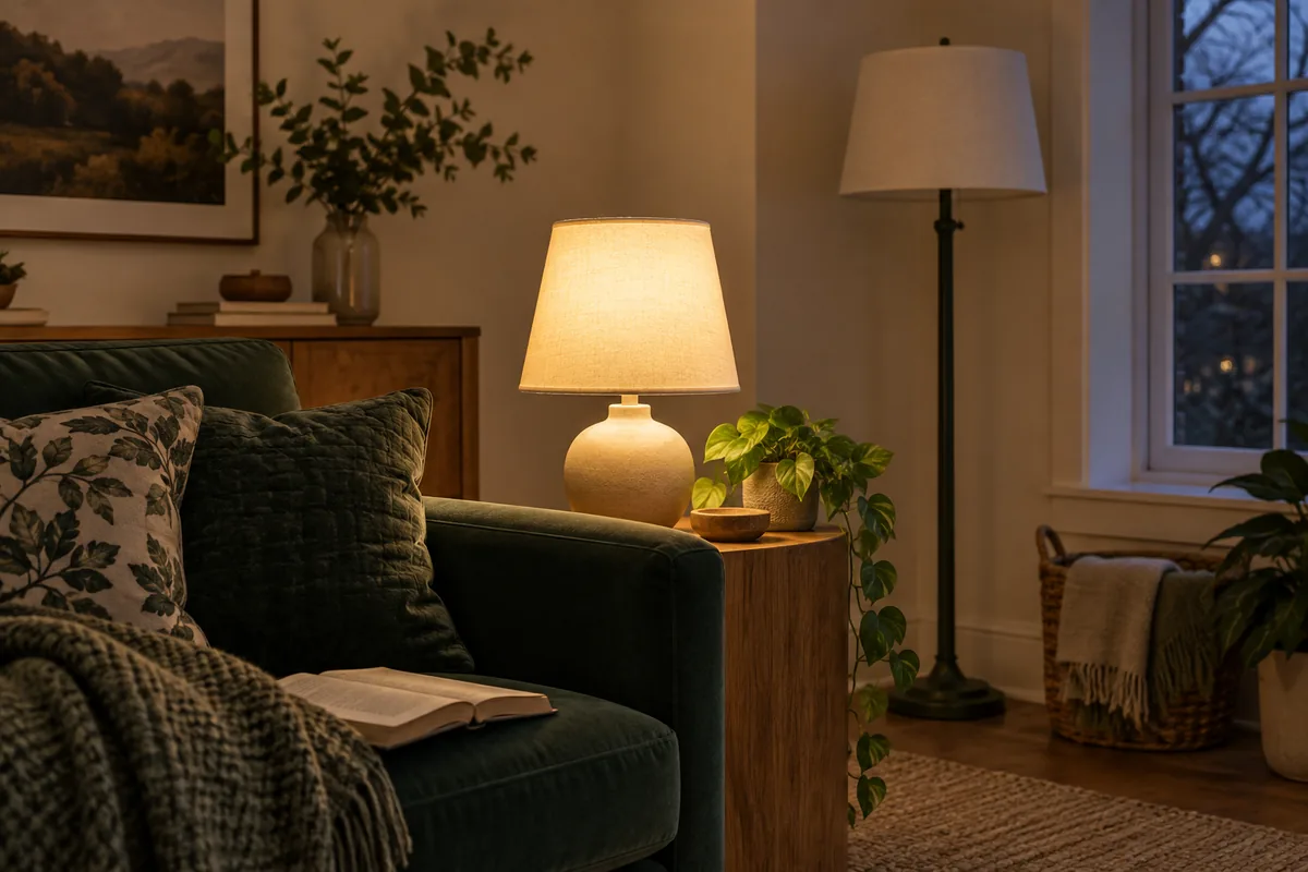A glowing table lamp and an unlit floor lamp beside a forest-green sofa in an evening reading corner