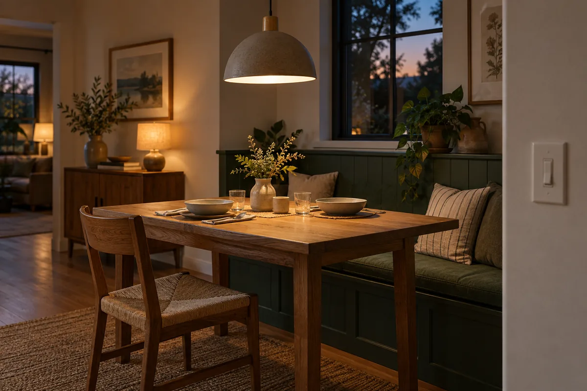 Warm pendant and sideboard lighting around a dining table beside a forest-green bench