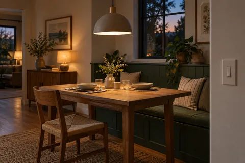 Warm pendant and sideboard lighting around a dining table beside a forest-green bench