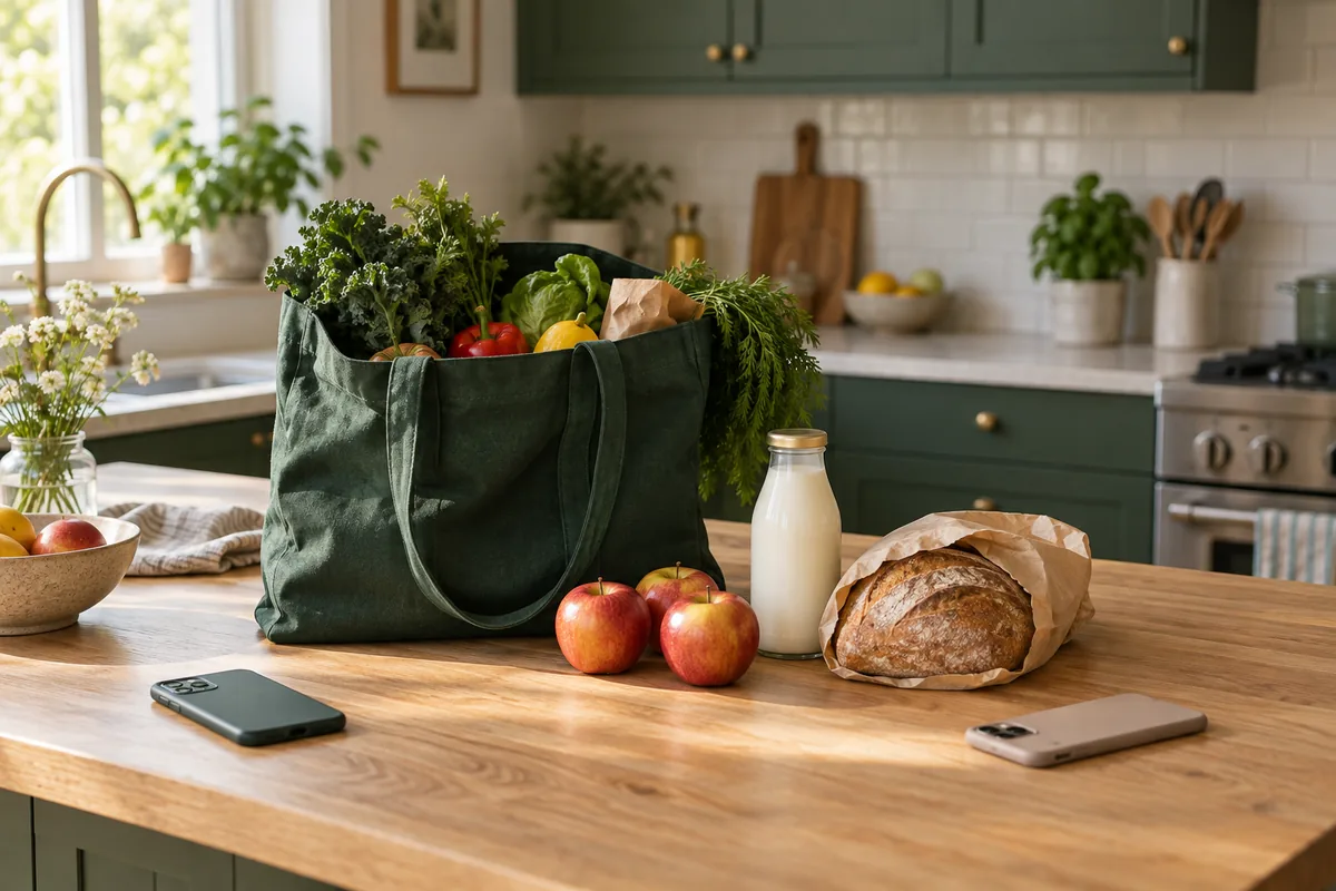 Two phones beside a green grocery bag, apples, milk and bread on a warm oak kitchen island