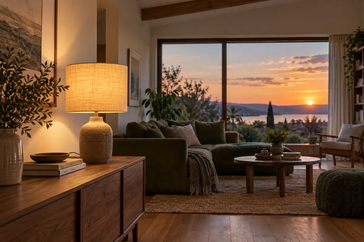 A glowing table lamp beside a dark-green sofa, with the setting sun visible through a living-room window