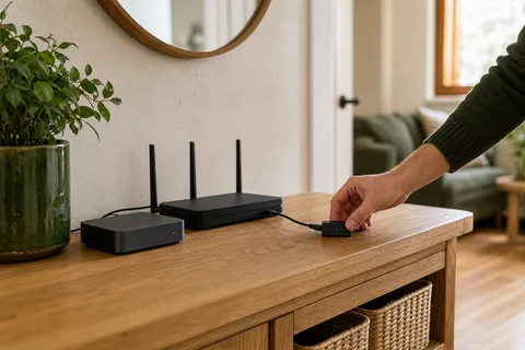 A homeowner moving a Thread radio adapter away from a Wi-Fi router on a warm oak console