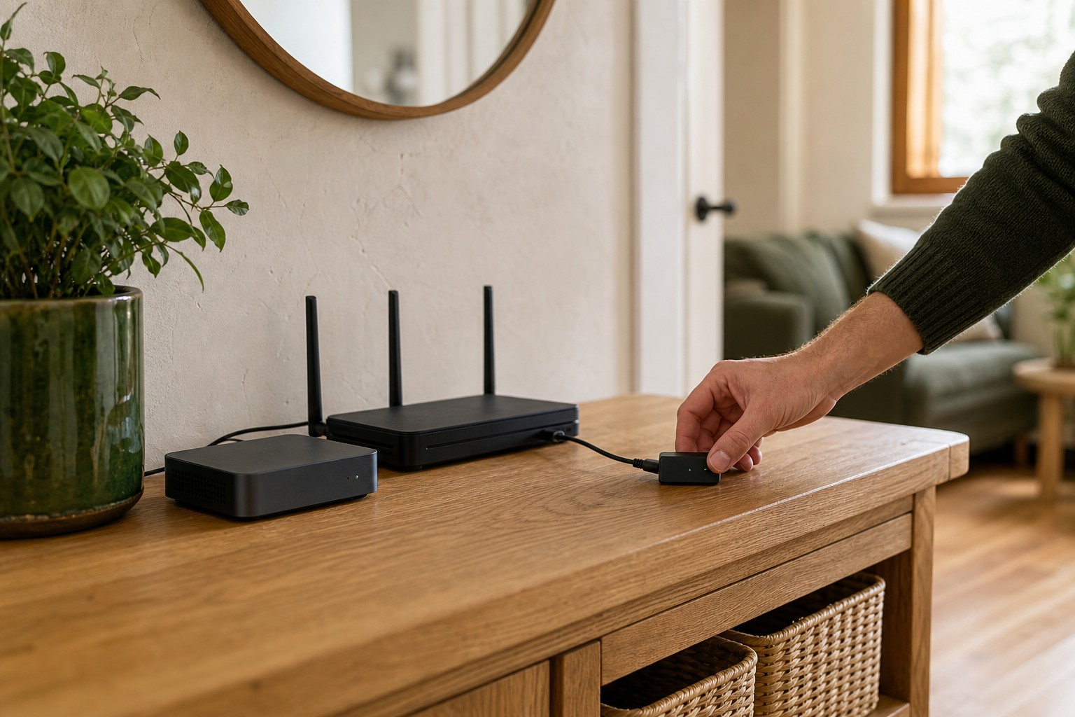 A homeowner moving a Thread radio adapter away from a Wi-Fi router on a warm oak console