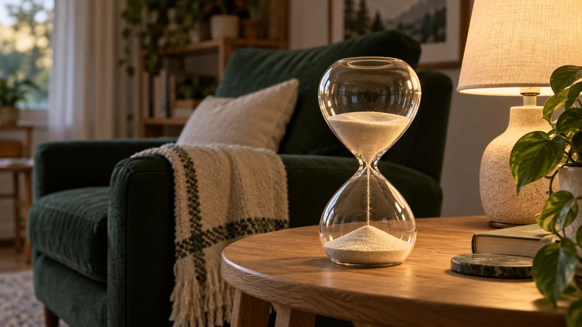 A glass hourglass on an oak table beside a warm reading lamp and a dark-green armchair