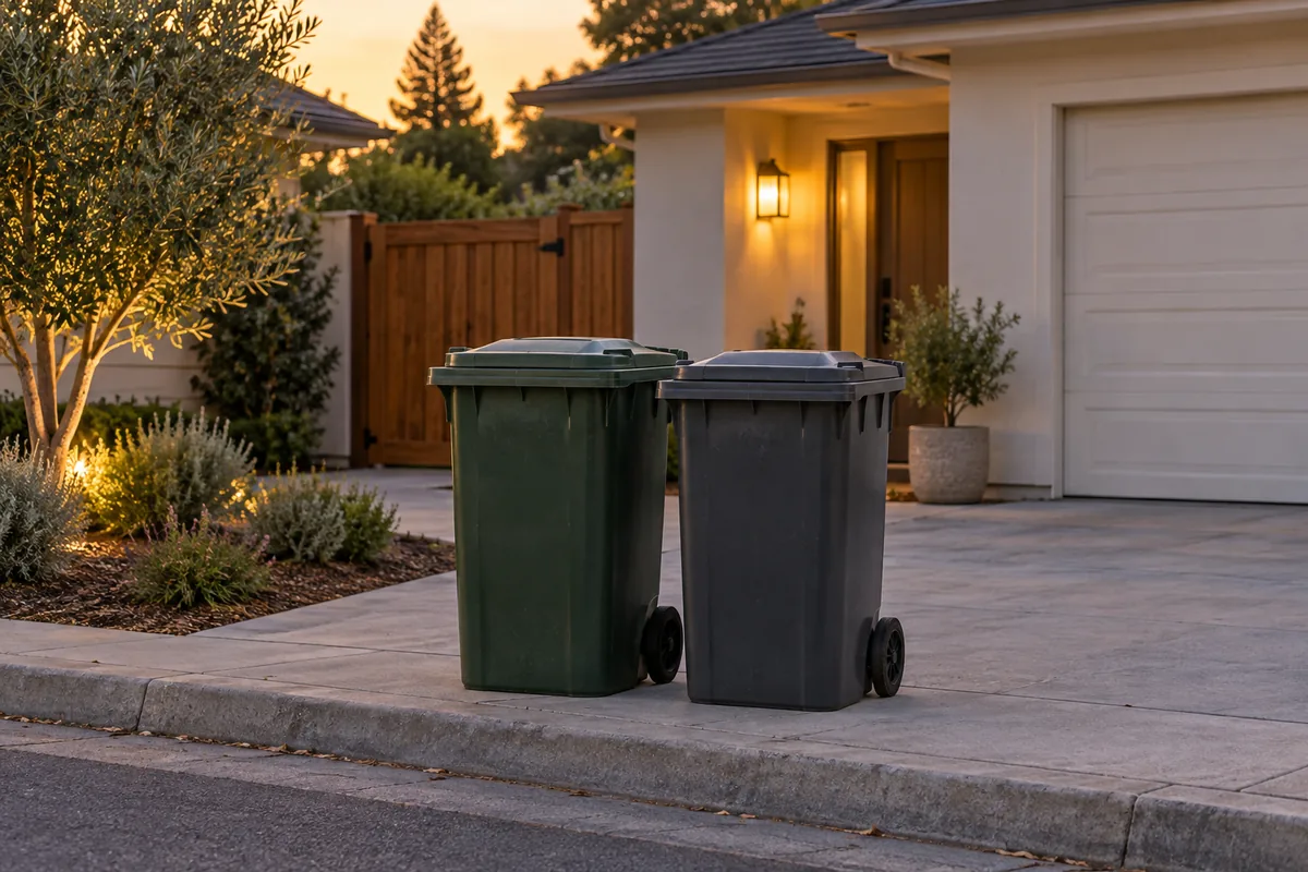 Green and charcoal household bins at the curb outside a warmly lit home at dusk