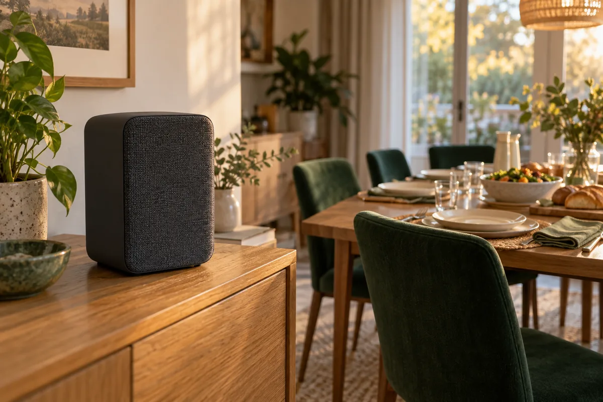 A compact dark speaker on an oak sideboard beside a dinner table with forest-green chairs
