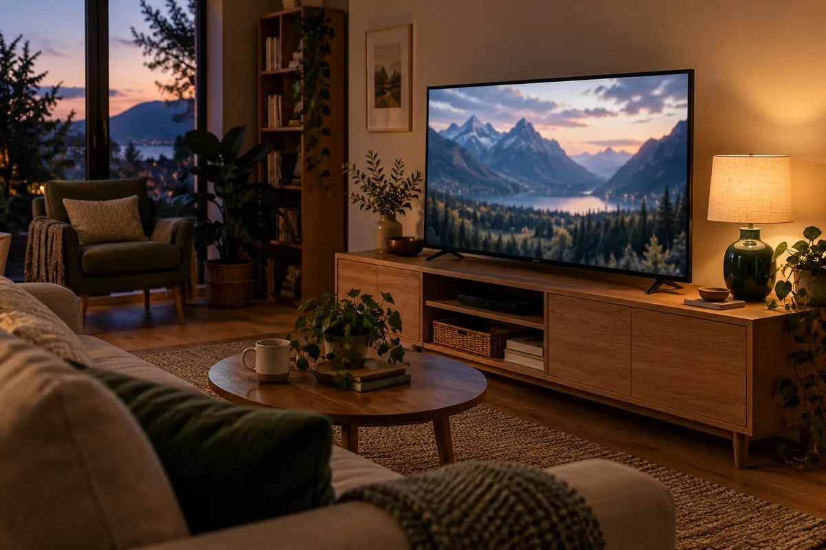 Television showing a mountain landscape beside a glowing green table lamp in a warm living room at dusk