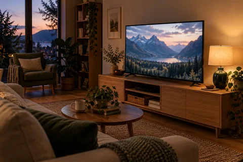 Television showing a mountain landscape beside a glowing green table lamp in a warm living room at dusk