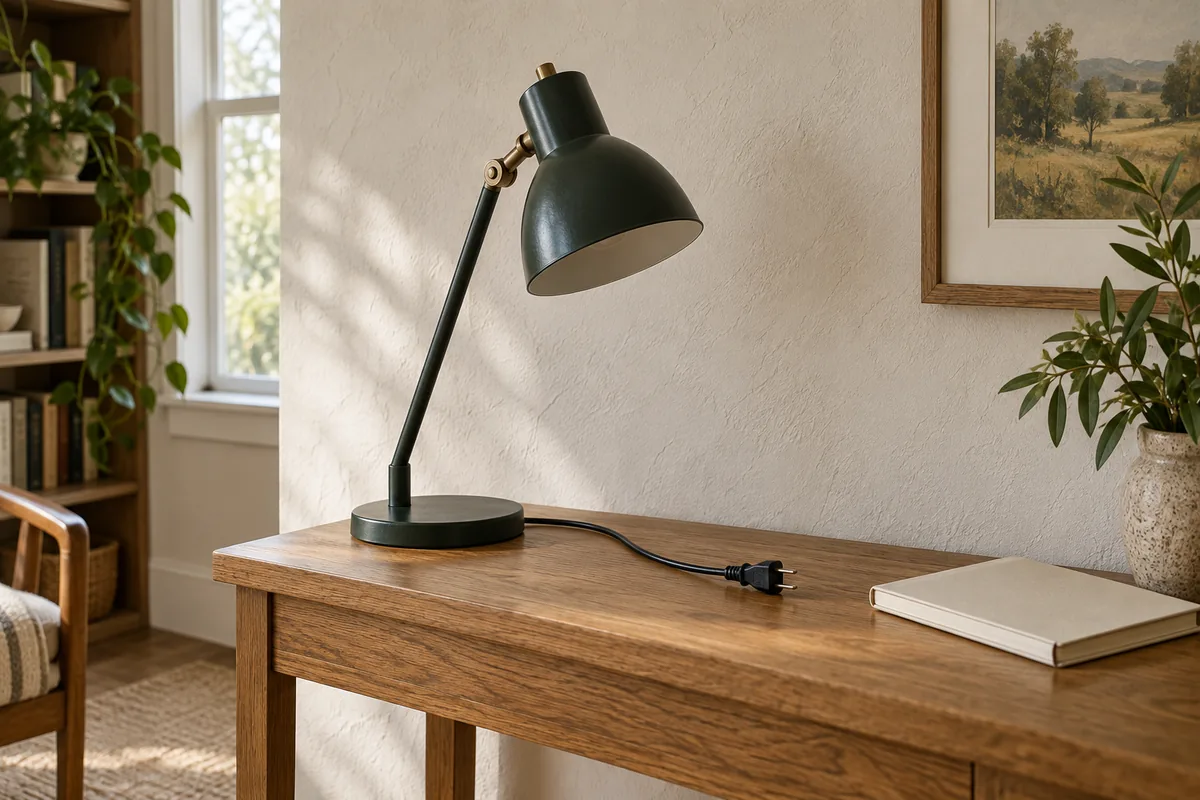 An unlit dark-green desk lamp with its unplugged cord resting on an oak console
