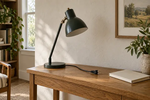 An unlit dark-green desk lamp with its unplugged cord resting on an oak console