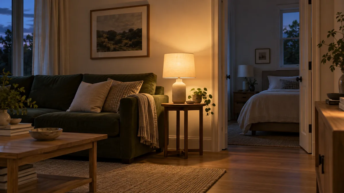 A glowing living-room table lamp beside a dark-green sofa, with an unlit bedroom lamp beyond the doorway