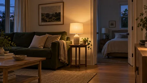 A glowing living-room table lamp beside a dark-green sofa, with an unlit bedroom lamp beyond the doorway