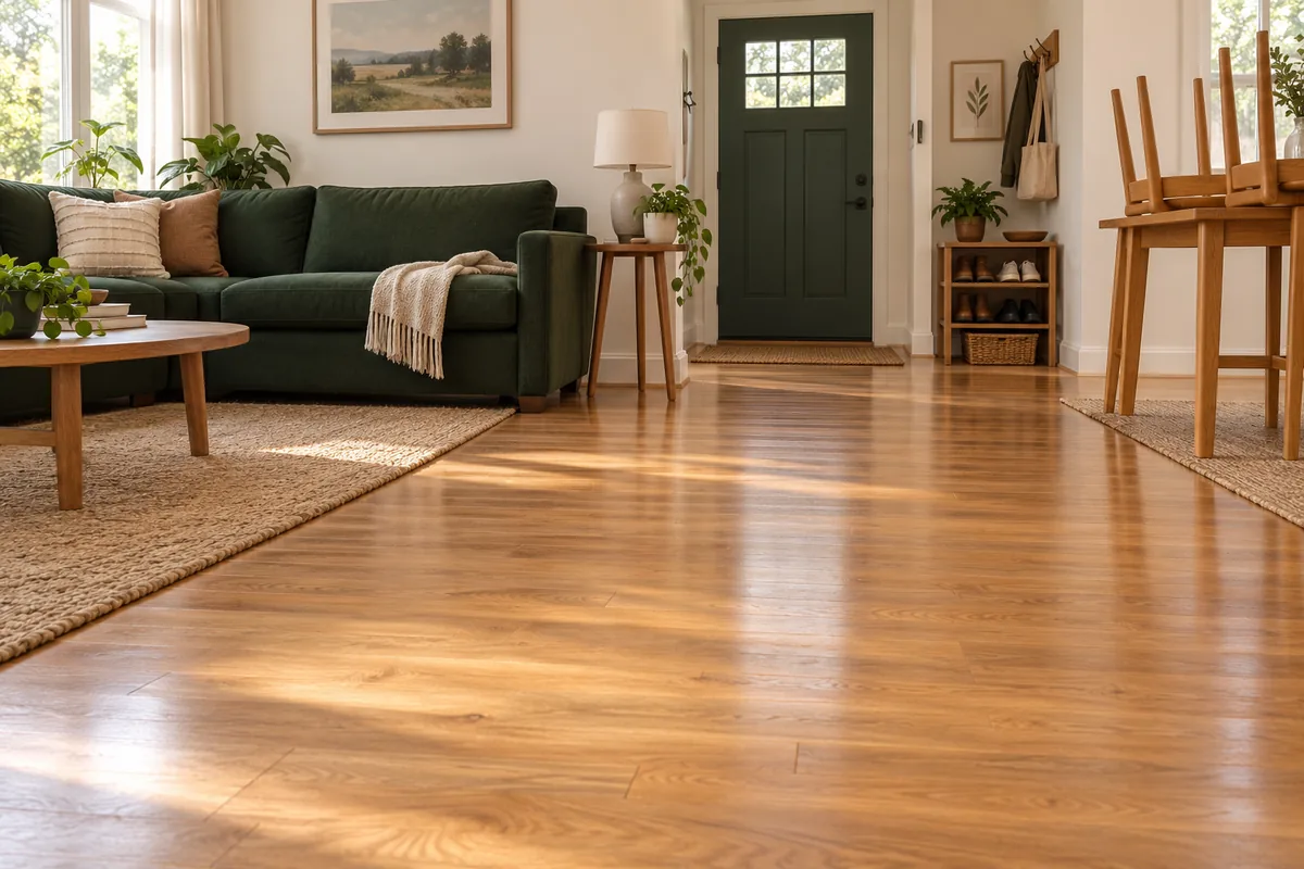Empty living room with a clear oak floor, shoes on a shelf and dining chairs raised for cleaning