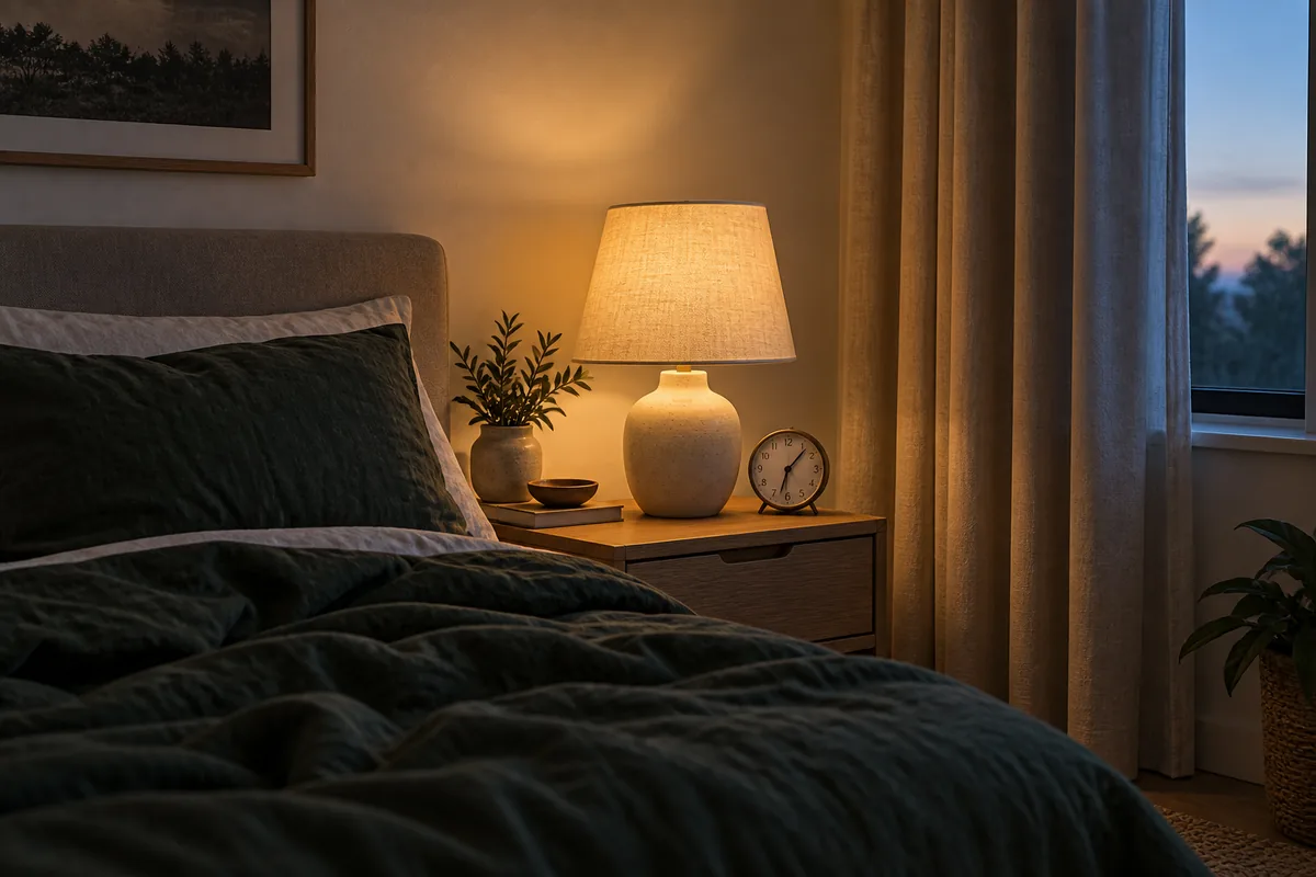 A warm bedside lamp and analog alarm clock beside forest-green bedding at dawn