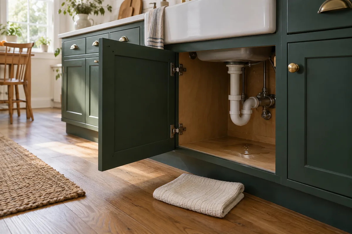 Open forest-green kitchen sink cabinet with a small patch of water beneath the plumbing and a folded towel nearby