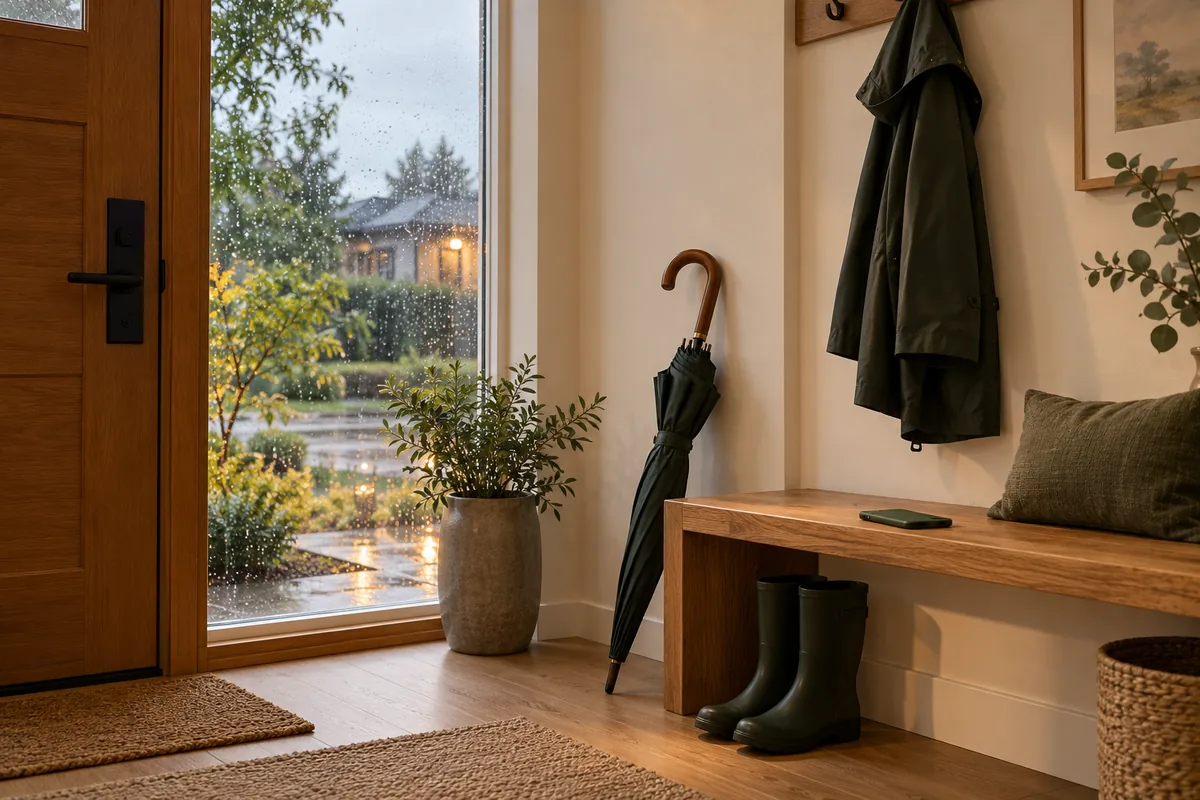 A dark green umbrella and raincoat beside an oak entryway bench, with a face-down phone and rain on the window