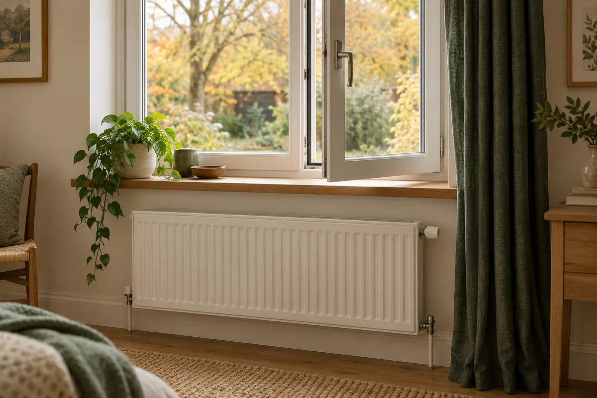 An ajar casement window above a white radiator, with an oak sill and dark-green curtain