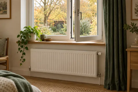 An ajar casement window above a white radiator, with an oak sill and dark-green curtain