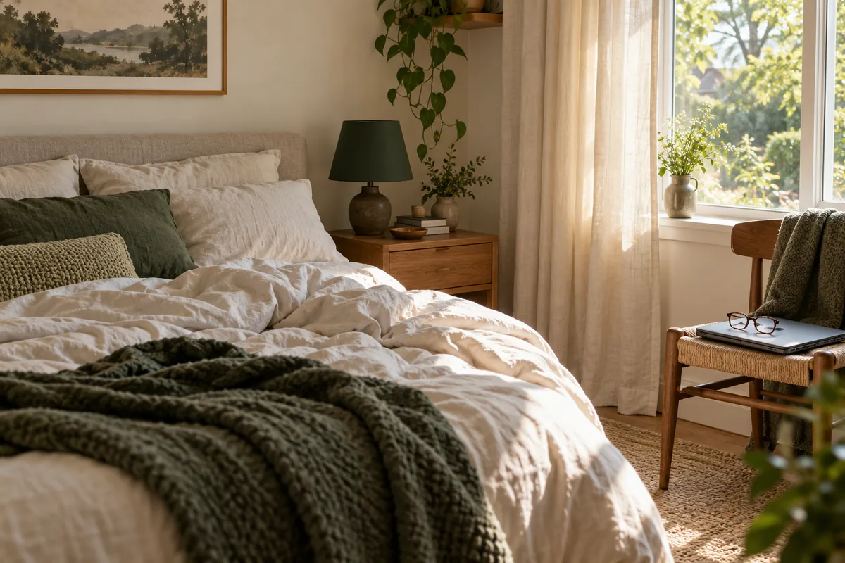 Unlit green bedside lamp beside an unmade bed, with a closed work laptop and glasses set aside on a chair